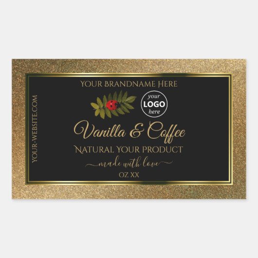 金ゴールドグリッターと黒の製品ラベルLadybugロゴ 長方形シール (正面)