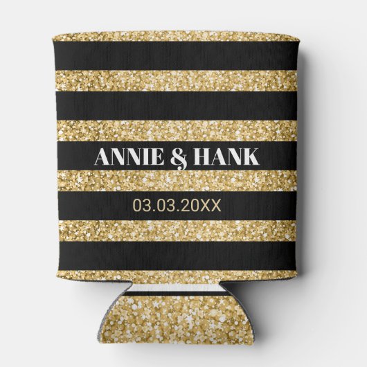 金ゴールドグリッターと黒ストライプい – 日付を保存 缶クーラー (裏面)