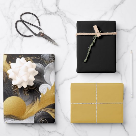 金ゴールドグリッターと黒抽象芸術 ラッピングペーパーシート (正面)