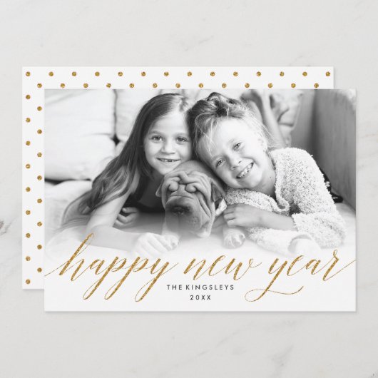 金ゴールドグリッターにキラキラした新年のフォトカフェイクード シーズンカード (正面/裏面)