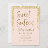 金ゴールドグリッターのピンク色の写真sweet sixteen 招待状 (正面)