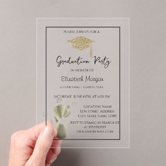 金ゴールドグリッターの卒業キャップの渦巻き型卒業パーティー アクリル招待状 (インサイチュ (ポータブル))