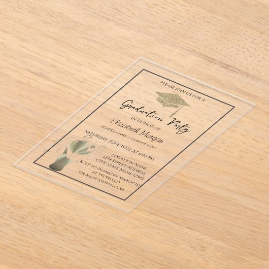 金ゴールドグリッターの卒業キャップの渦巻き型卒業パーティー アクリル招待状 (レイダウン)