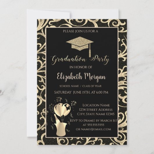 金ゴールドグリッターの卒業キャップの渦巻き型卒業パーティー 招待状 (正面)