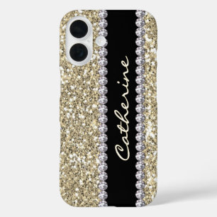 金ゴールドグリッターの宝石(名前とMongram付き) iPhone 16ケース