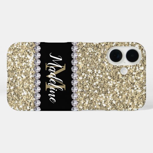 金ゴールドグリッターの宝石(名前とMongram付き) Case-Mate iPhoneケース (裏面 (横))