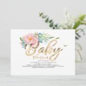 金ゴールドグリッターの書道ピンクフローラベビーシャワー 招待状 (スタンド正面)