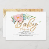 金ゴールドグリッターの書道ピンクフローラベビーシャワー 招待状 (正面/裏面)