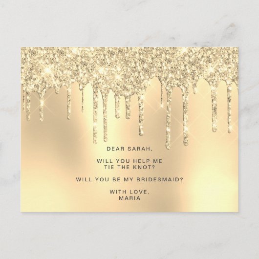 金ゴールドグリッターの流れが私の花嫁の付き添いになる インビテーションポストカード (裏面)