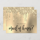 金ゴールドグリッターの滴りが私のメイド・オブ・オーナー(花嫁付き添い人) インビテーションポストカード (正面/裏面)