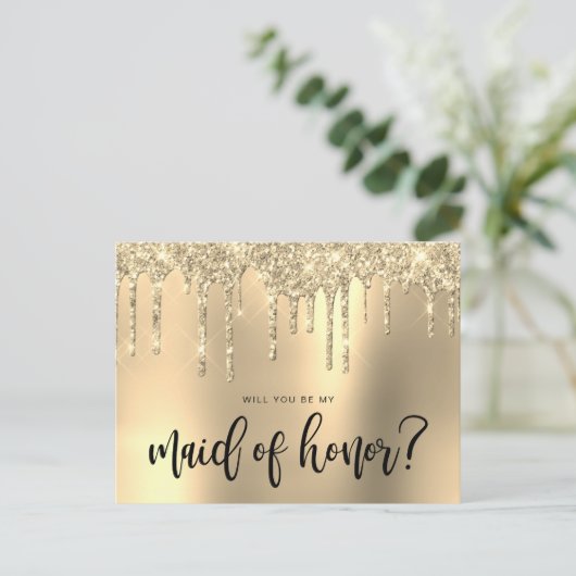 金ゴールドグリッターの滴りが私のメイド・オブ・オーナー(花嫁付き添い人) インビテーションポストカード (スタンド正面)