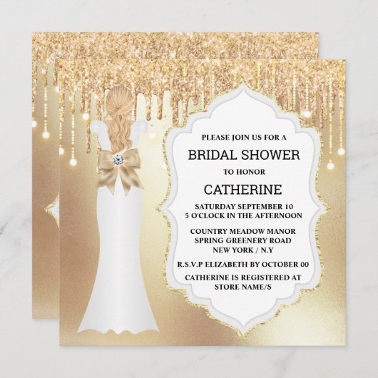 金ゴールドグリッターの花嫁ドレスラグジュアリーエレガントなきらめく 招待状 (正面/裏面)