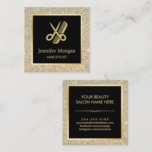 金ゴールドグリッターはさみ櫛美容師ヘアサロン スクエア名刺 (正面/裏面)