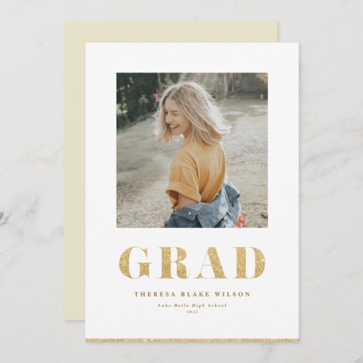 金ゴールドグリッターはっきりしたグラードタイポグラフィ卒業写真 案内状 (正面/裏面)
