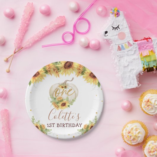 金ゴールドグリッターひまわりカボチャ1st誕生日プレート ペーパープレート (パーティー)
