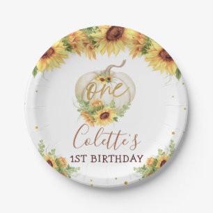 金ゴールドグリッターひまわりカボチャ1st誕生日プレート ペーパープレート
