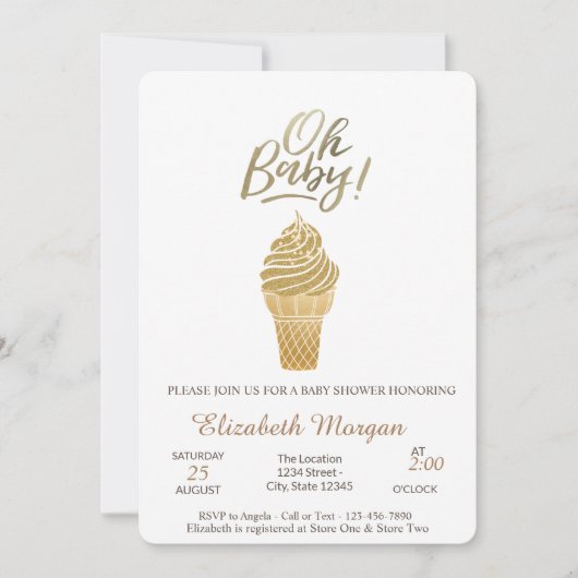 金ゴールドグリッターアイスクリームオベビーサマーベビーシャワー 招待状 (正面)