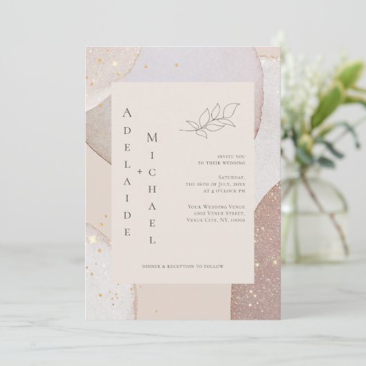 金ゴールドグリッターアイボリーアゲート結婚式招待状 招待状 (スタンド正面)