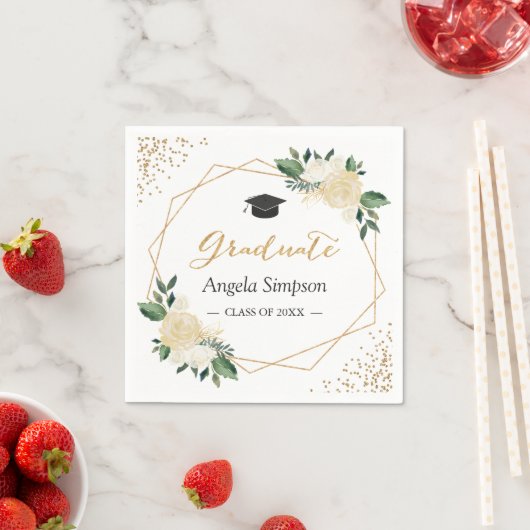 金ゴールドグリッターアイボリーグリーンフローラ卒業パーティー スタンダードカクテルナプキン (インサイチュ)