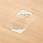 金ゴールドグリッターアイボリーフローラスペインの性別開示 アクリル招待状 (レイダウン)