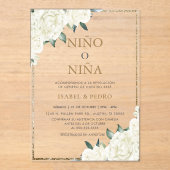 金ゴールドグリッターアイボリーフローラスペインの性別開示 アクリル招待状 (正面)