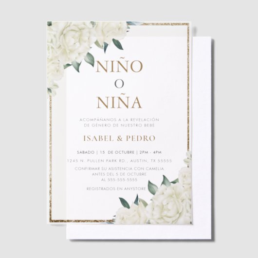 金ゴールドグリッターアイボリーフローラスペインの性別開示 ベラム紙招待状 (オフセット)