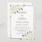 金ゴールドグリッターアイボリーフローラスペインの性別開示 招待状 (正面/裏面)