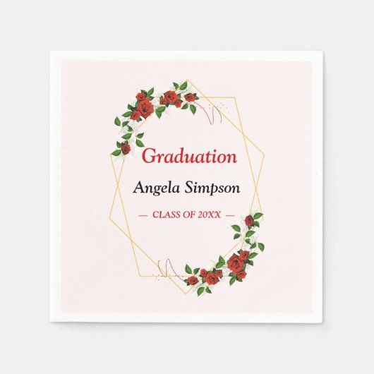 金ゴールドグリッターアイボリーレッドフローラ卒業パーティー スタンダードカクテルナプキン (正面)