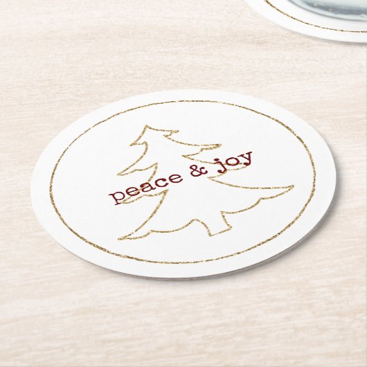 金ゴールドグリッターアウトラインのクリスマスツリー ラウンドペーパーコースター (アングル)