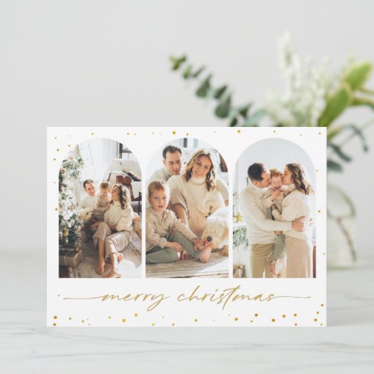 金ゴールドグリッターアーチクリスマスフォトグリーティングカード 招待状 (スタンド正面)