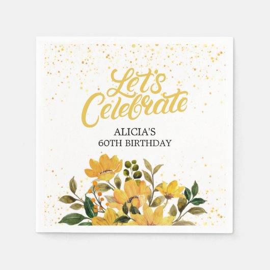 金ゴールドグリッターイエローフローラ誕生日 スタンダードカクテルナプキン (正面)