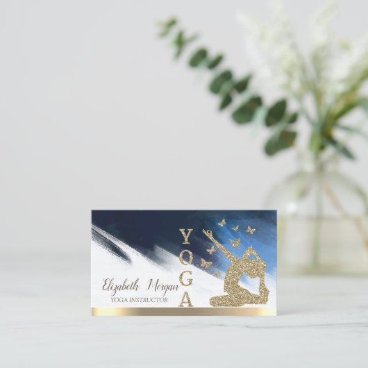 金ゴールドグリッターウィメンシルエット，ヨガブラシストローク 名刺 (スタンド正面)