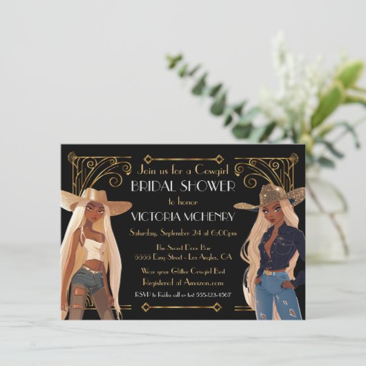 金ゴールドグリッターウェスタン女性のカーボーイブライダルシャワー 招待状 (スタンド正面)