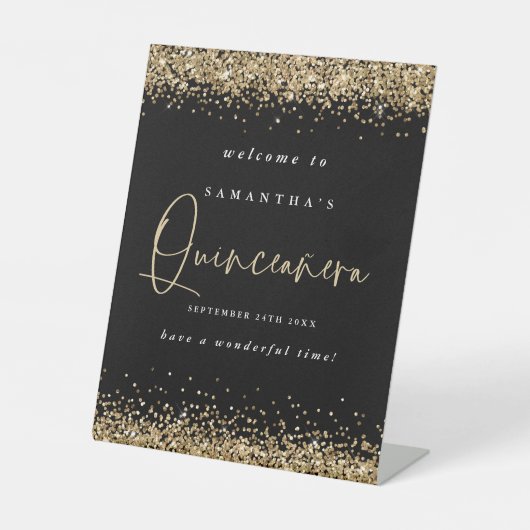 金ゴールドグリッターウェルカムクインセアニラ15thパーティーブラック 台座サイン (正面)