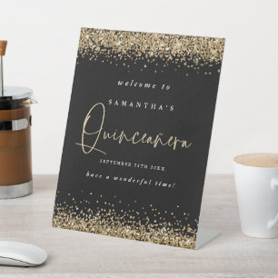 金ゴールドグリッターウェルカムクインセアニラ15thパーティーブラック 台座サイン