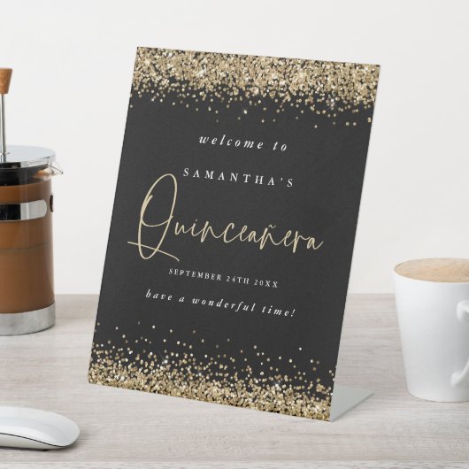 金ゴールドグリッターウェルカムクインセアニラ15thパーティーブラック 台座サイン (インサイチュ)