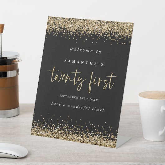金ゴールドグリッターウェルカムティファーストパーティーブラック 台座サイン (インサイチュ)