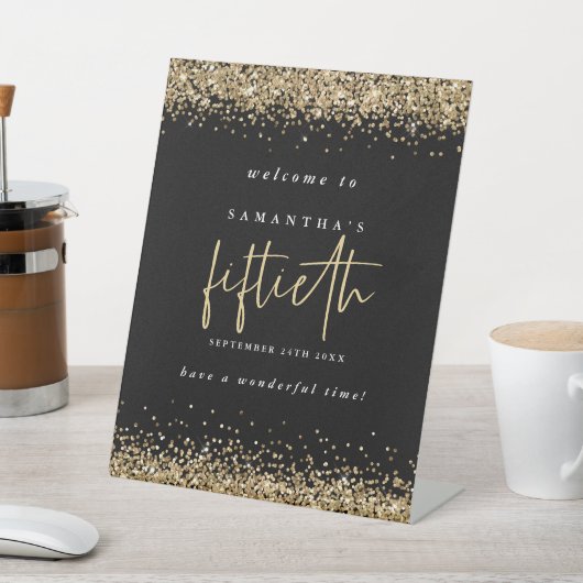 金ゴールドグリッターウェルカムファイティートバースデーパーティーブラック 台座サイン (インサイチュ)