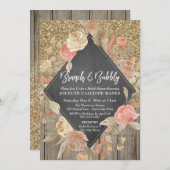 金ゴールドグリッターウッドフローラシャルボードブランチバブリー 招待状 (正面/裏面)