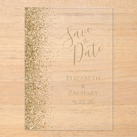 金ゴールドグリッターエッジウェディング日付の保存 アクリル招待状 (正面)
