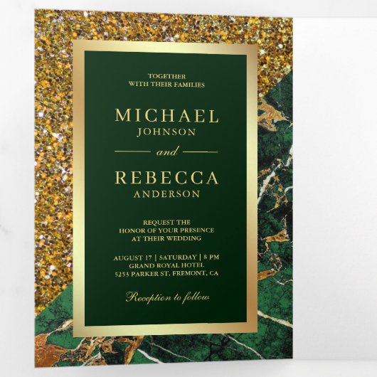 金ゴールドグリッターエメラルドグリーンマーブルフォト結婚ズ 三つ折り招待状 (内部最初)