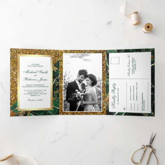 金ゴールドグリッターエメラルドグリーンマーブルフォト結婚ズ 三つ折り招待状 (内部)