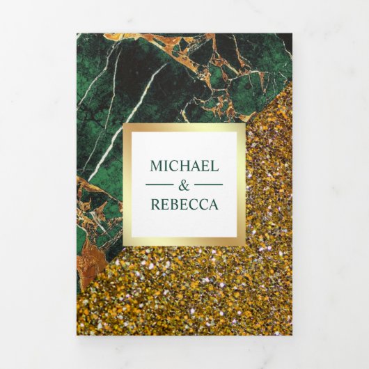 金ゴールドグリッターエメラルドグリーンマーブルフォト結婚ズ 三つ折り招待状 (カバー)