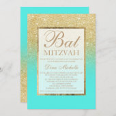 金ゴールドグリッターエレガントアクアティール（緑がかった色）シックバルミツワー 招待状 (正面/裏面)