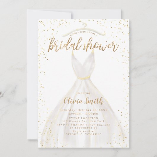 金ゴールドグリッターエレガントウェディングドレスブライダルシャワー 招待状 (正面)