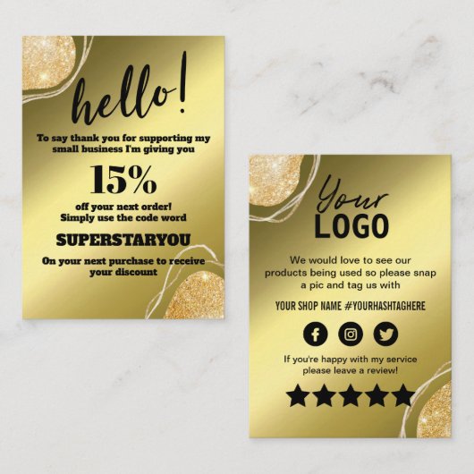 金ゴールドグリッターエレガントカードの挿入に対してありがとうございます 名刺 (正面/裏面)