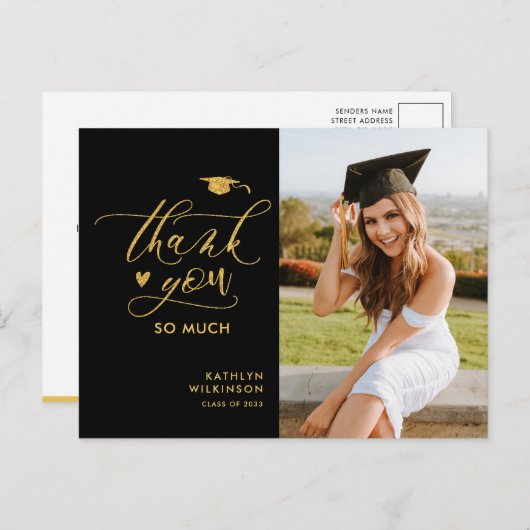 金ゴールドグリッターエレガントスクリプト卒業ありがとう ポストカード (正面/裏面)