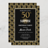 金ゴールドグリッターオンブラックサプライズ50th誕生日 招待状 (正面/裏面)