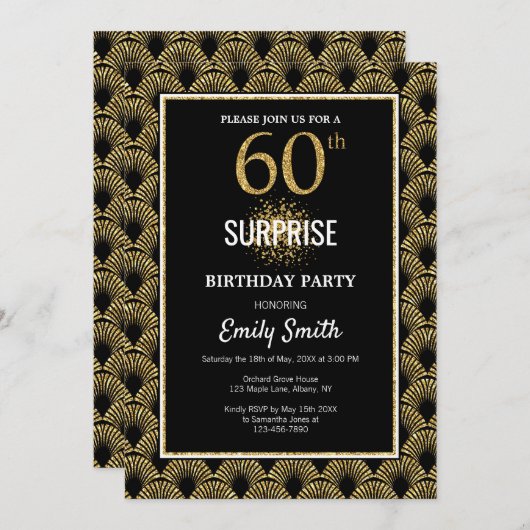 金ゴールドグリッターオンブラックサプライズ60誕生日 招待状 (正面/裏面)