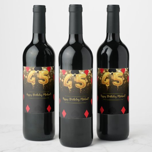 金ゴールドグリッターカジノをテーマにした45th誕生日 ワインラベル (ボトル)